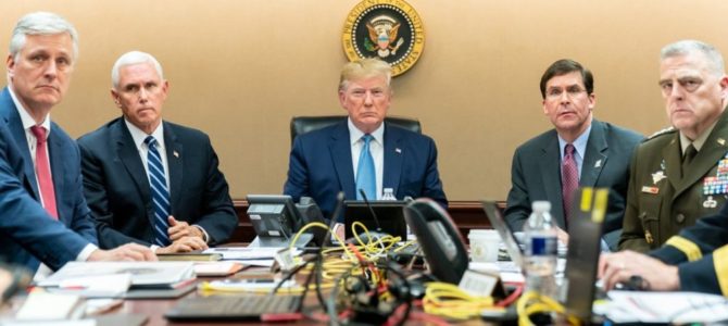 President Trump and his national security team in the Situation Room during the killing of Abu Bakr al-Baghdadi. Shealah Craighead/The White House.
