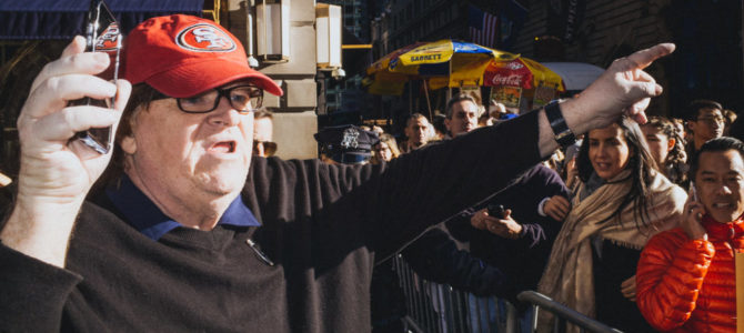 Michael Moore protests Trump in New York. Mathias Wasik/Flickr.