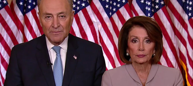 Chuck Schumer and Nancy Pelosi give a joint speech during a government shutdown.