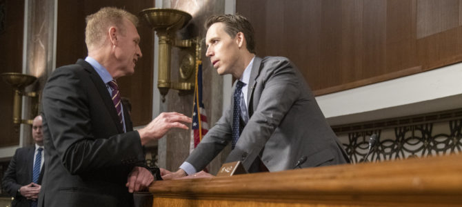 Sen. Josh Hawley speaks to Acting Secretary of Defense Patrick M. Shanahan in April 2019. DoD Photo/Navy Petty Officer 1st Class Dominique A. Pineiro/Flickr.