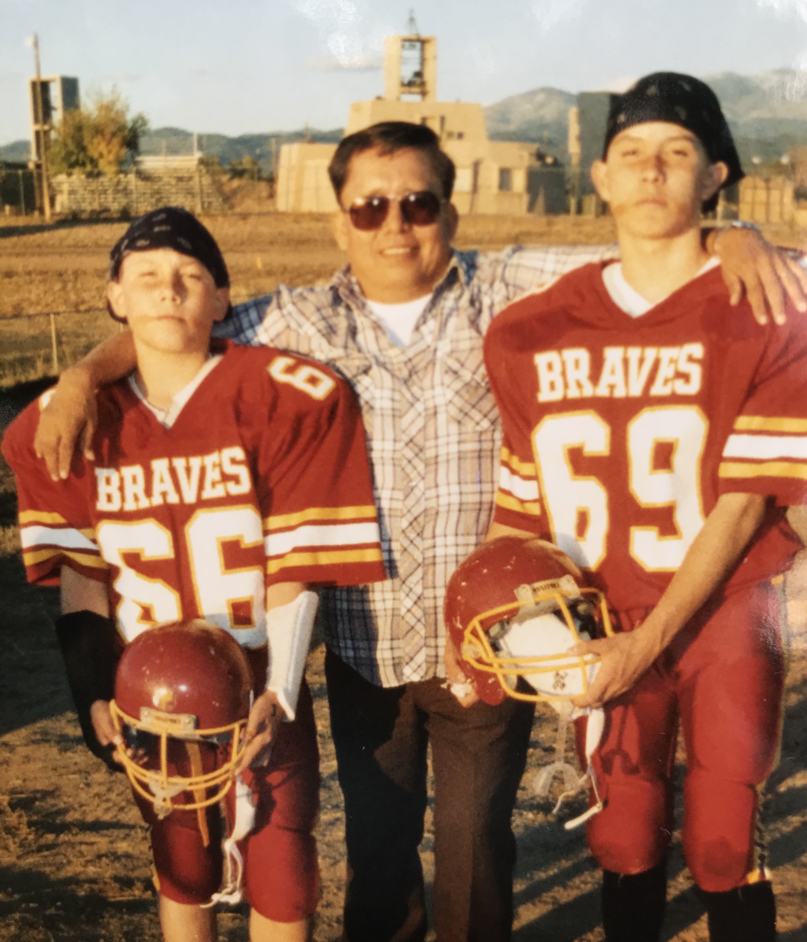 Joseph, Phillip and their father Phillip James Velasquez Sr. when they played at Santa Fe Indian School. Photo courtesy of Phillip Velasquez.Velasquez.