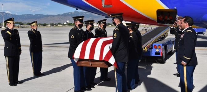 Master Sgt. Joseph Velasquez's flag-draped coffin returns to New Mexico. Photo courtesy of Phillip Velasquez.