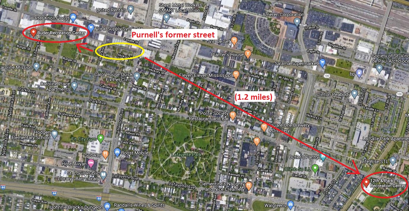 A Google Satellite map of Purnell's old neighborhood, and the distance to the two walkable recreation centers. 