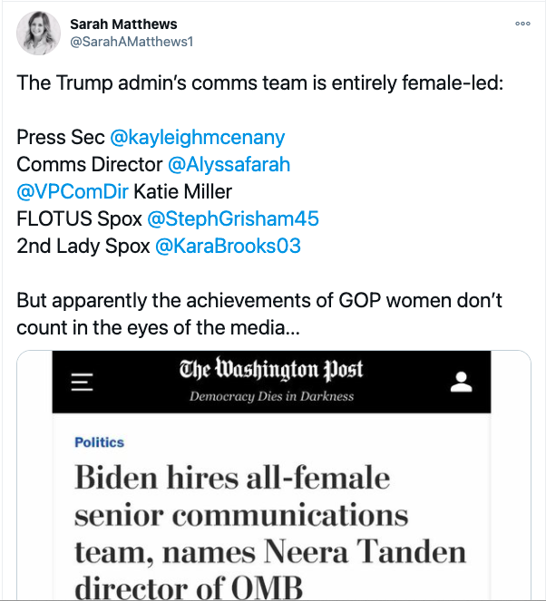Media Say Biden’s Female-Led Comms Is A First. Trump Has That Now