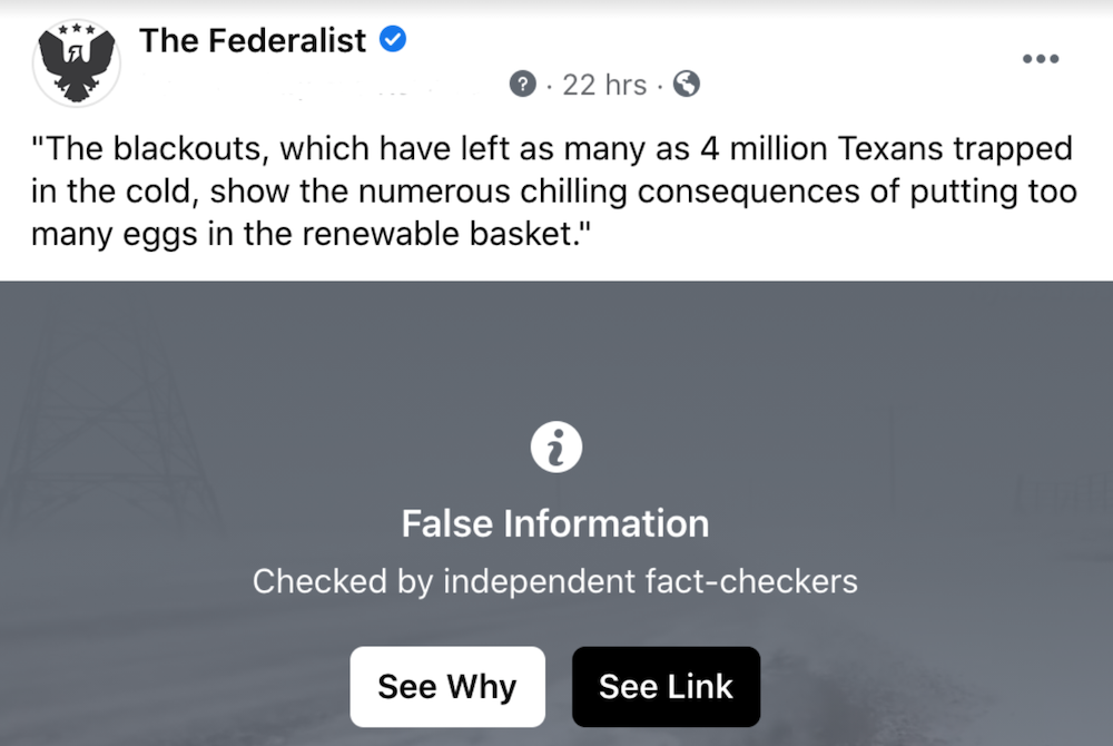 Left-Wing Facebook 'Fact-Checker' Censors Federalist For Noting Texas Power Failures - Vimarsana News