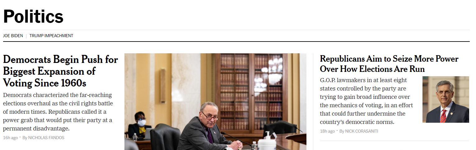 The New York Times' Politics Page, March 25, 2021.