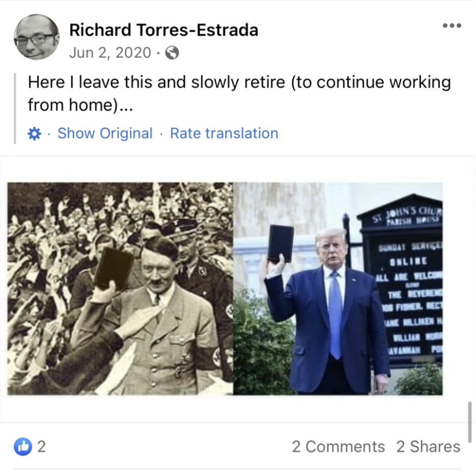 Screenshot of June 2, 2020, Facebook post from Richard Torres-Estrada