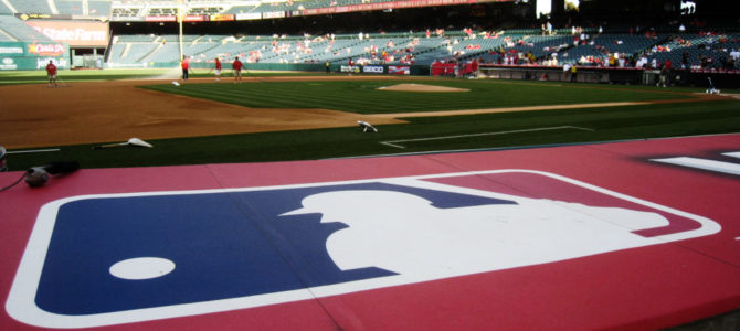 The Major League Baseball logo at Angels Stadium. Bill Selak/Flickr.