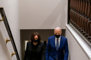 President Joe Biden and Vice President Kamala walk up the stairs in the West Wing, Monday March 29, 2021. Official White House Photo/Cameron Smith/Flickr