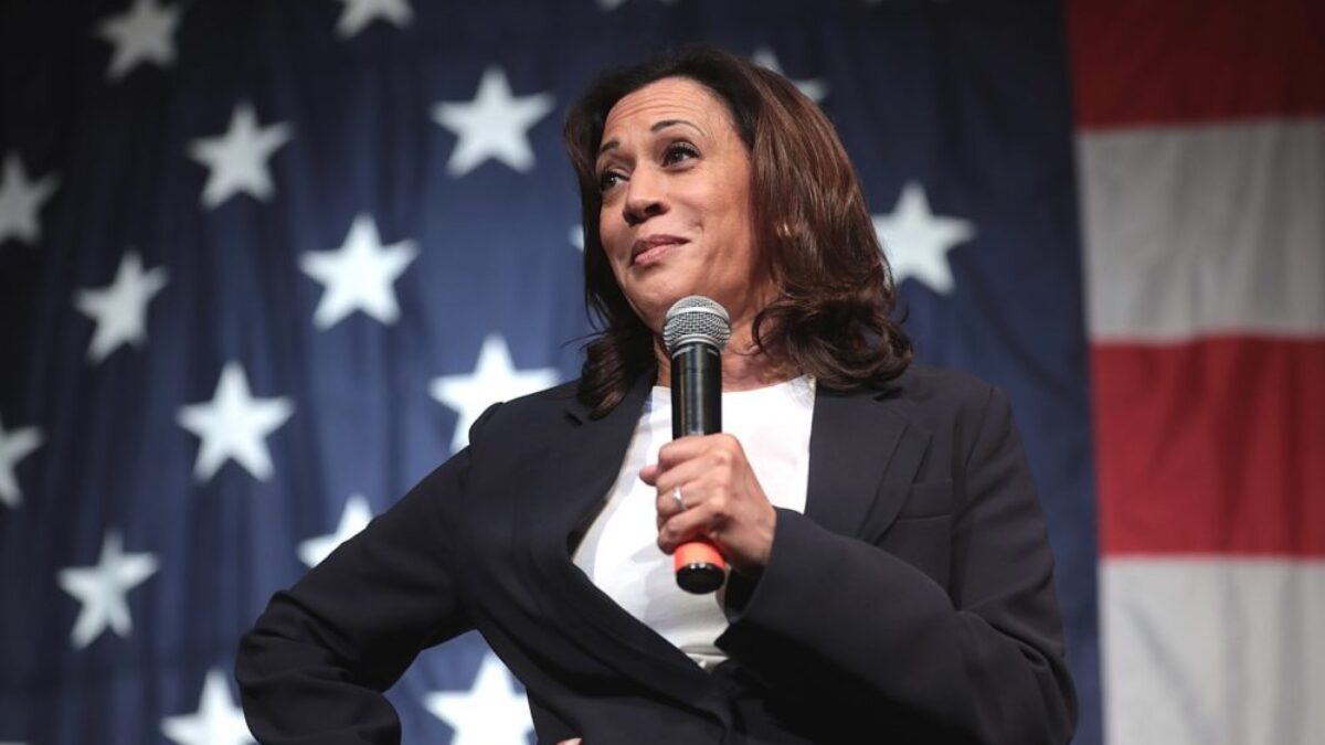 Kamala Harris in front of a flag