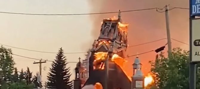 Cell phone video showing St. Jean Baptiste Church in British Columbia burning. Greg Tulloch/YouTube.