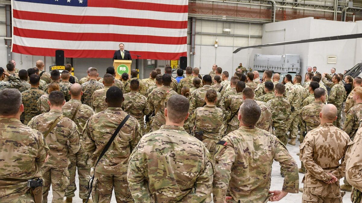 Mike Pompeo speaking to troops in Afghanistan