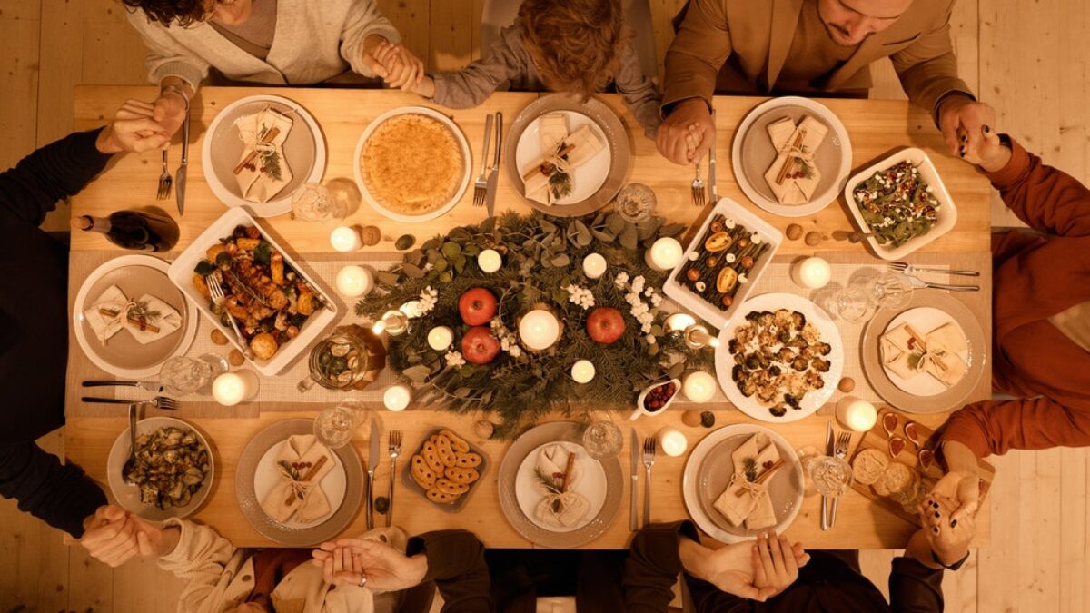 Christmas gathering, meal around a table