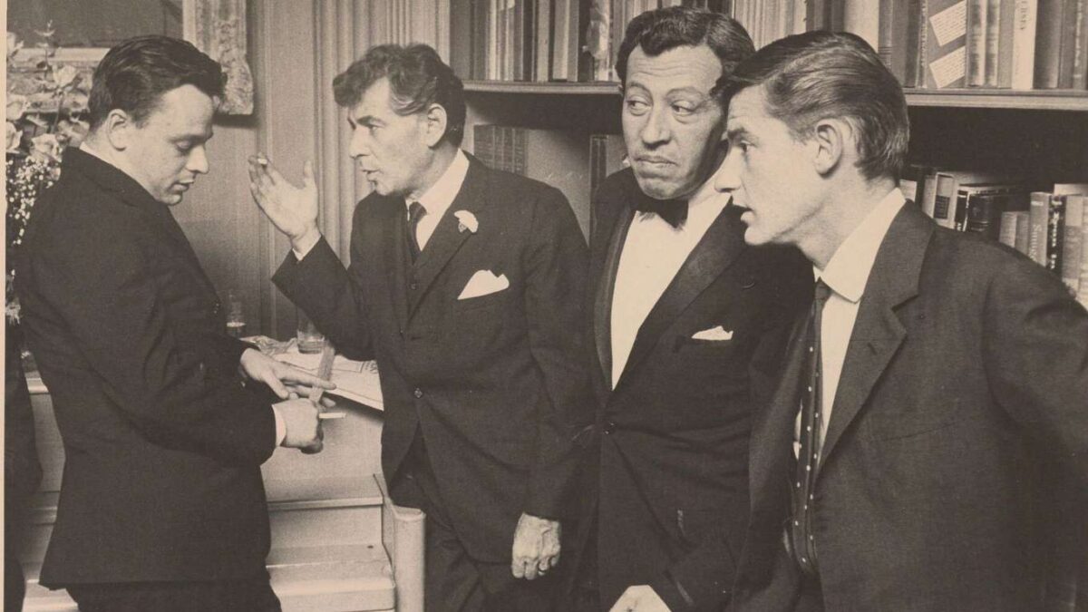 Stephen Sondheim, Bernstein, Adolph Green, and Roddy McDowall, June 1962