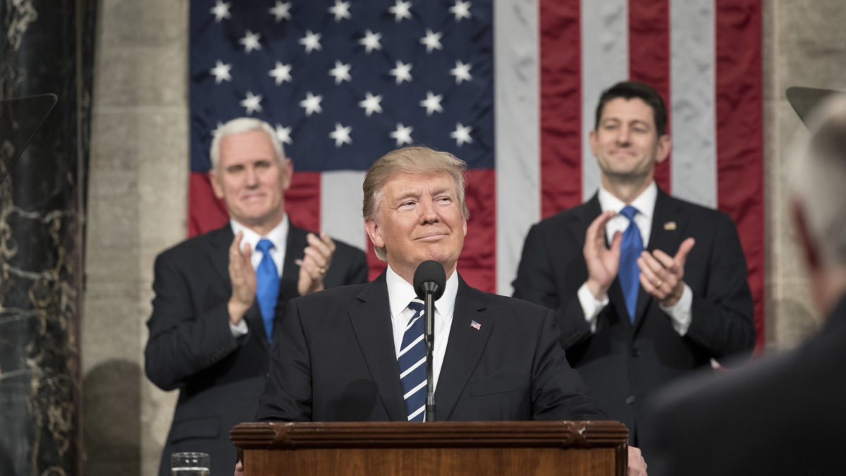 President Donald Trump smiles with VP Mike Pence and SPOTH Paul Ryan