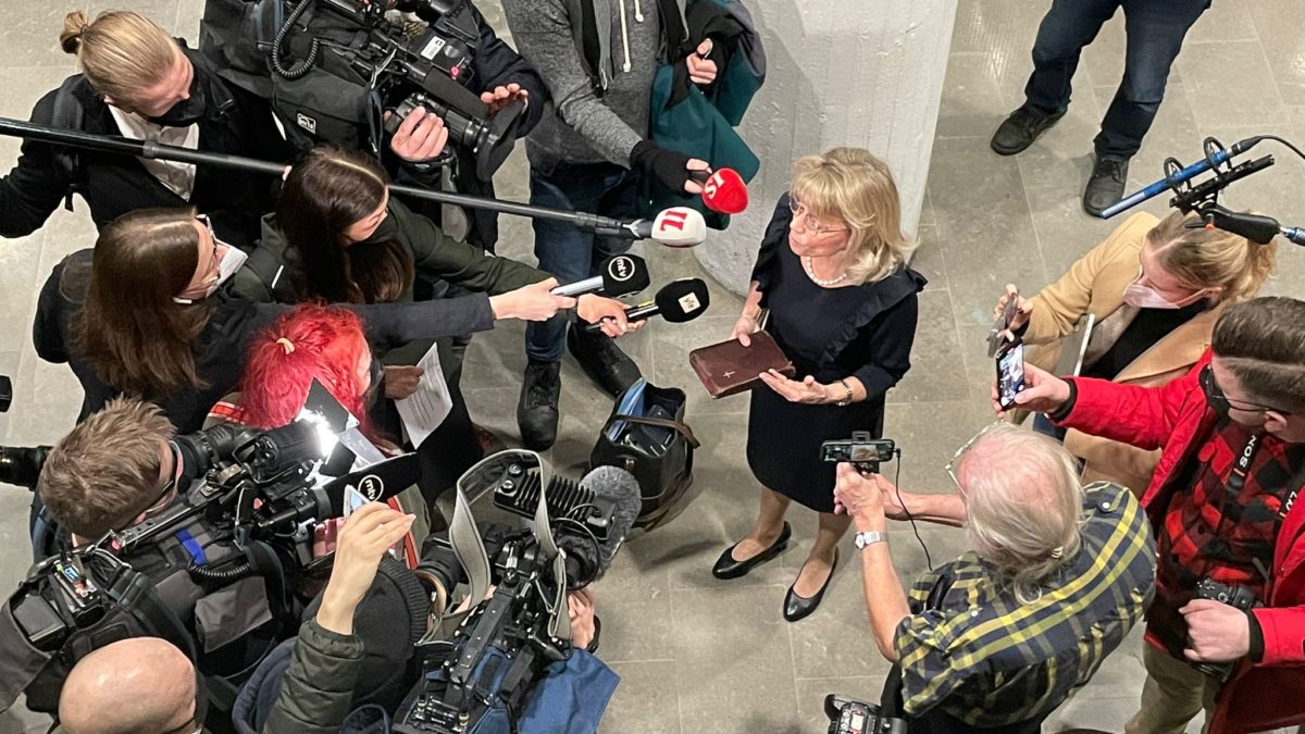 Paivi Rasanen talking to reporters at court in Finland