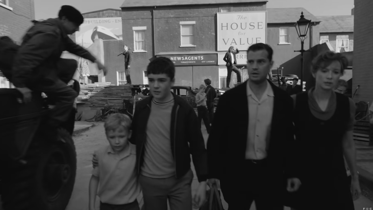 Characters walk through the streets in the "Belfast" trailer