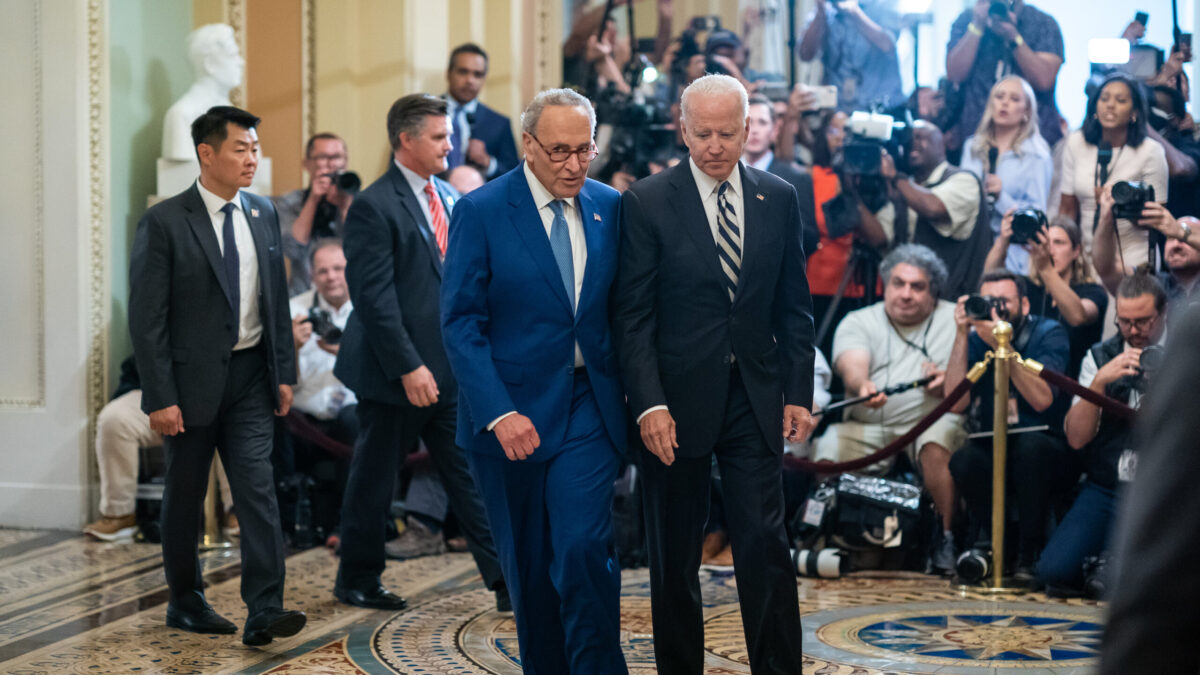 President Joe Biden, joined by Senate Majority Leader Chuck Schumer, D-N.Y., speaks to the press and departs the U.S. Capitol in Washington, D.C. on Wednesday, July 14, 2021, en route to the White House. (Official White House Photo by Adam Schultz)