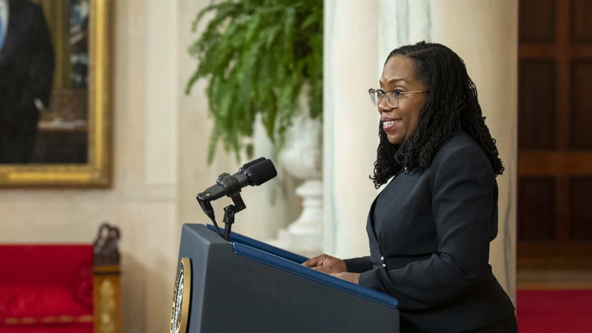 Ketanji Brown Jackson speaking behind a podium