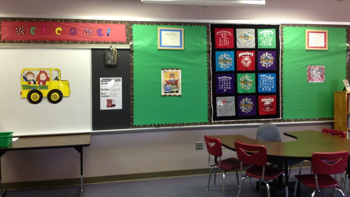 classroom with bulletin boards
