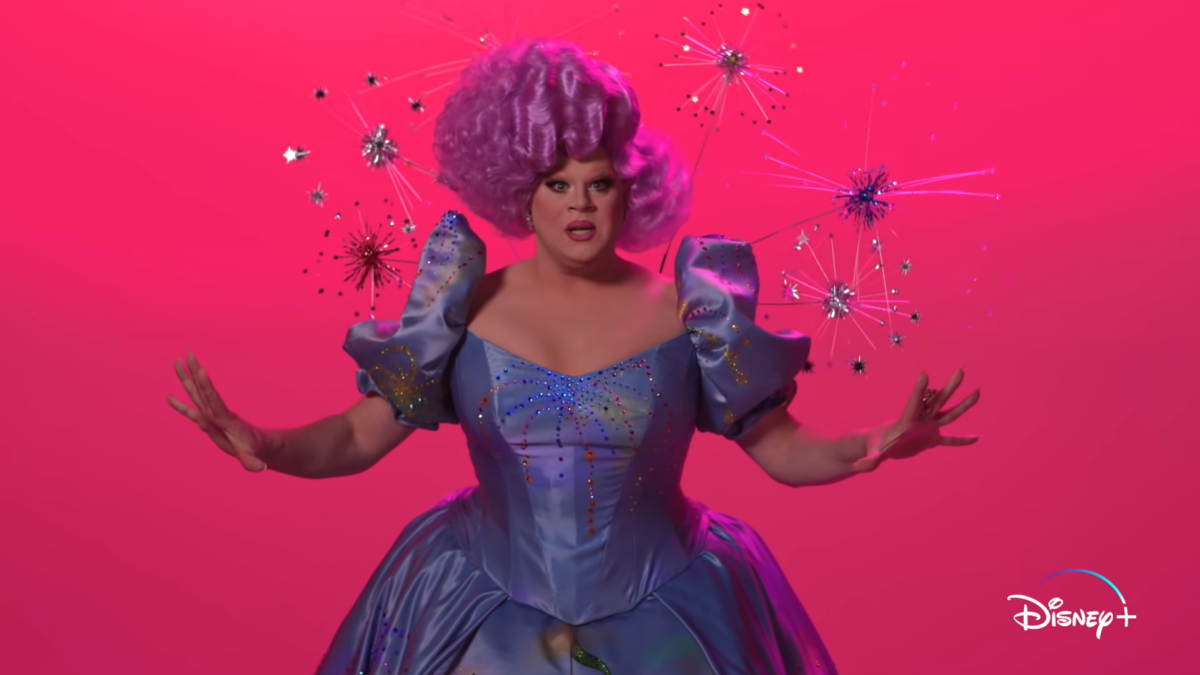 Drag queen in Cinderella dress from Disney+ video