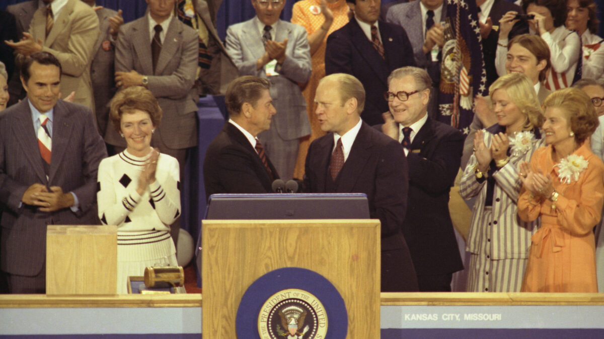 President Gerald Ford, as the Republican Nominee, Shakes Hands with Nomination Foe Ronald Reagan on the Closing Night of the Republican National Convention