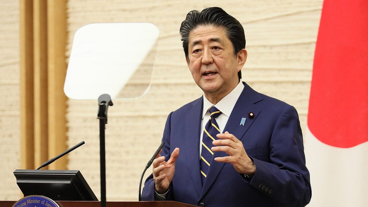 Prime Minister Shinzo Abe attending a press conference at the Prime Minister's Official Residence in Chiyoda Ward, Tōkyō Metropolis