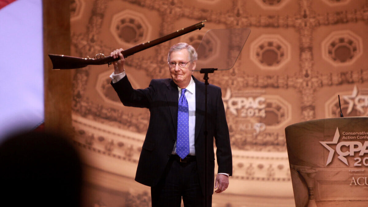 Mitch McConnell holds a musket at CPAC. Gage Skidmore/CPAC.