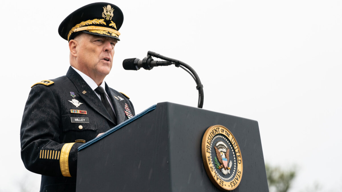 Army Gen. Mark A. Milley delivers remarks during an Armed Forces Welcome Ceremony as Army Gen. Mark A. Milley becomes the 20th Chairman of the Joint Chiefs of Staff, at Joint Base Myer – Henderson Hall, Va., Sept. 30, 2019.