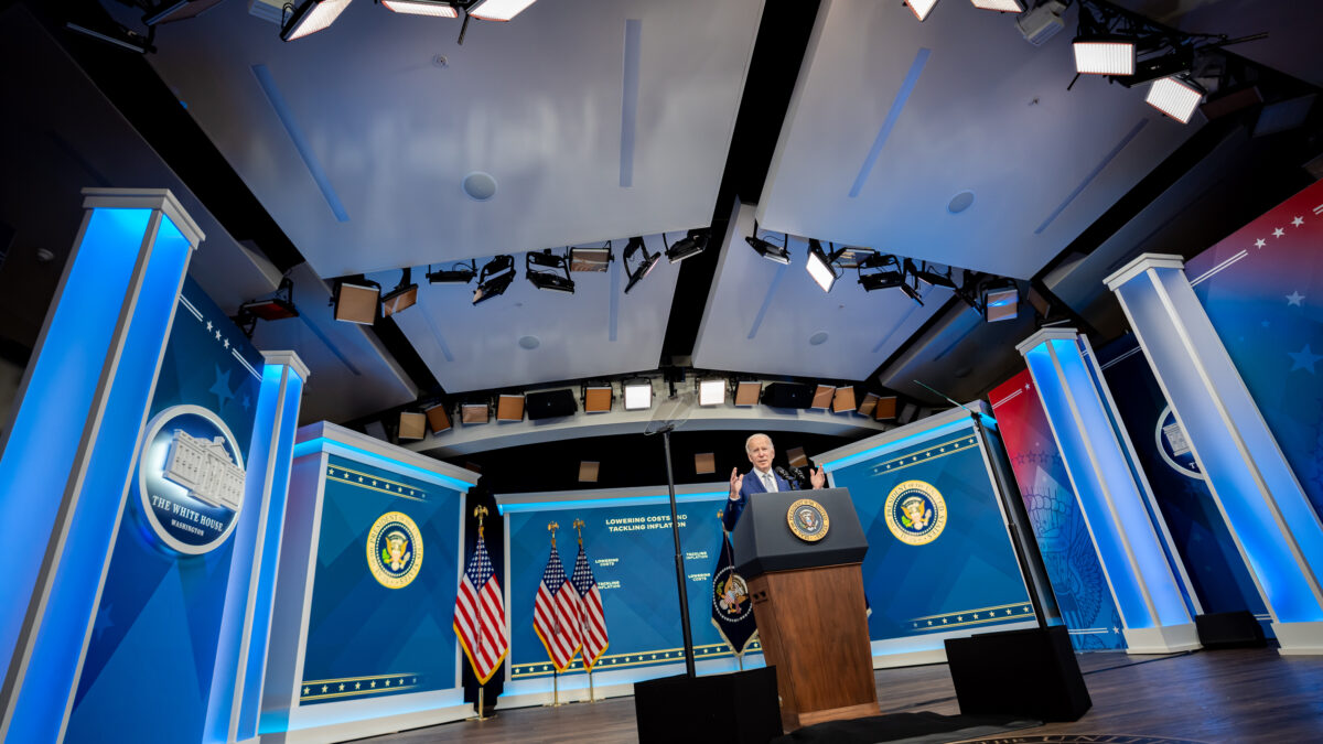 President Joe Biden delivers remarks on the economy, Tuesday, May 10, 2022, in the South Court Auditorium in the Eisenhower Executive Office Building at the White House.