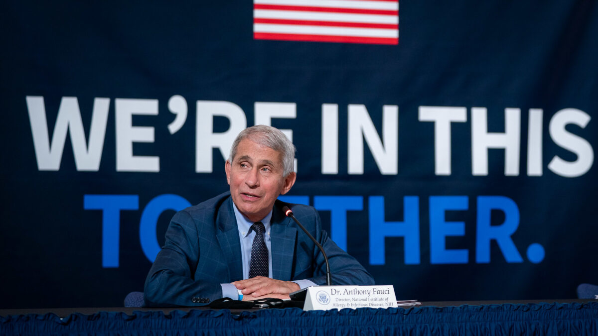 Fauci sits behind table at press conference