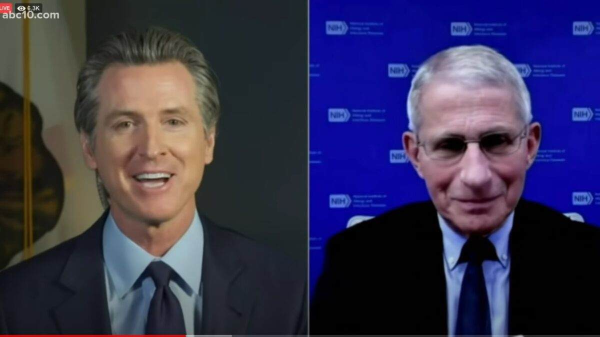 California Governor Gavin Newsom speaking with Dr. Anthony Fauci