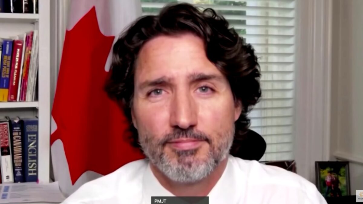 Canadian PM Justin Trudeau sitting in front of a webcam