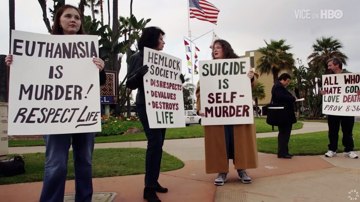 People protesting California legislation legalizing medically assisted suicide