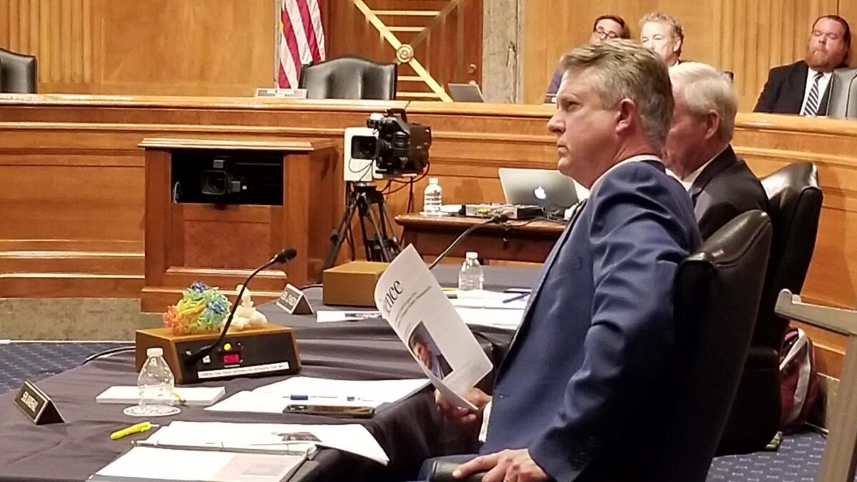 Kansas Republican Senator Roger Marshall at a Senate hearing on gain-of-function research