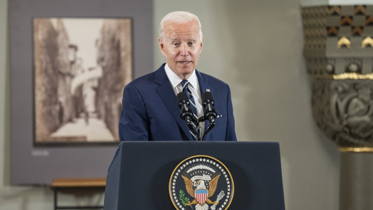 Joe Biden giving a speech from a podium