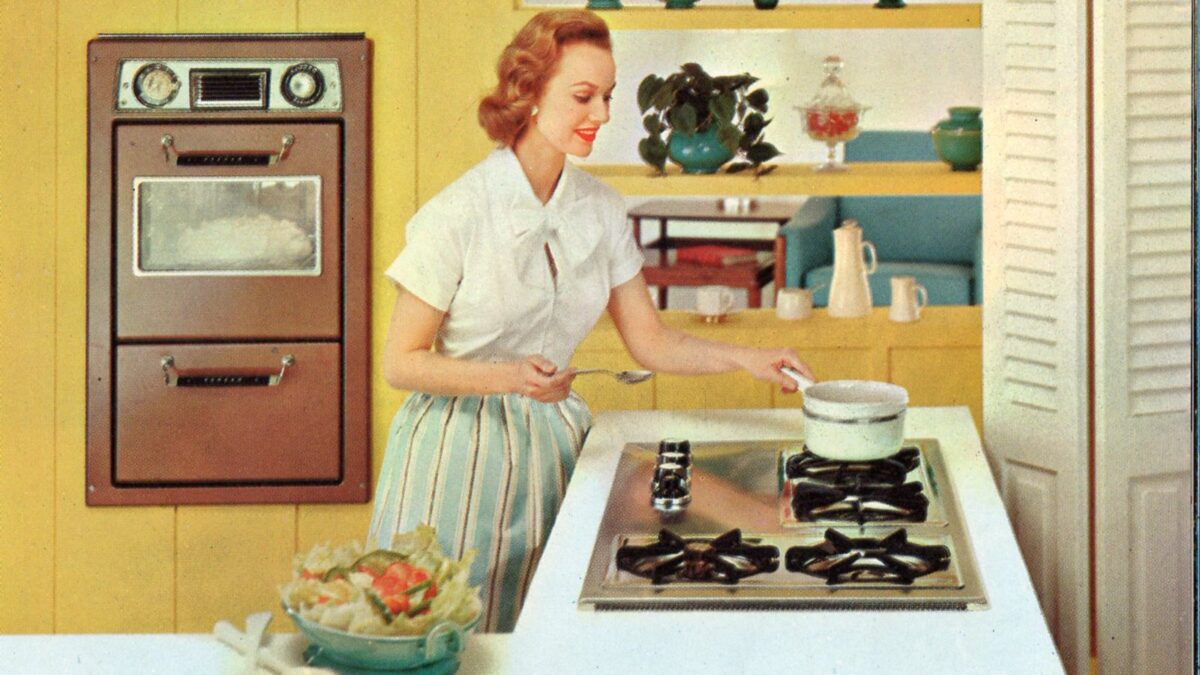 retro magazine illustration of 1950s housewife in kitchen