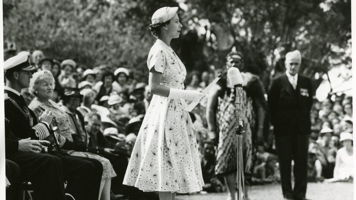 Queen Elizabeth II on the Royal Tour of New Zealand on Dec. 28 1953. New Zealand National Archives.