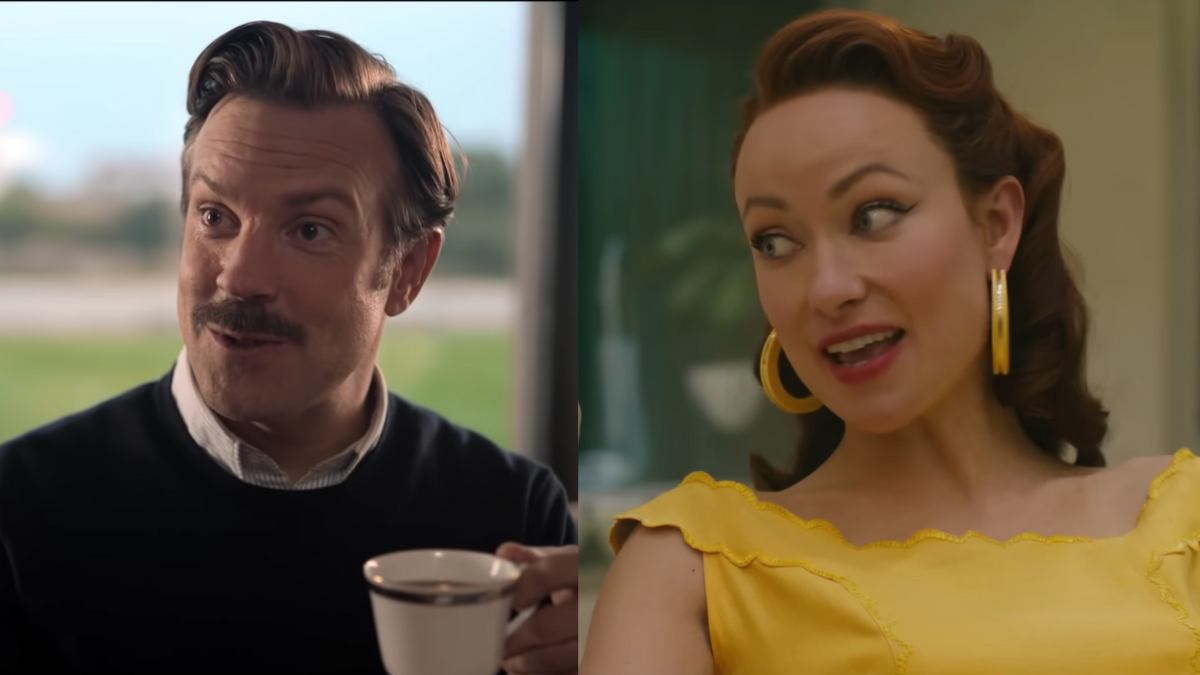 side by side of two actors, one male holding tea, one female in a yellow dress