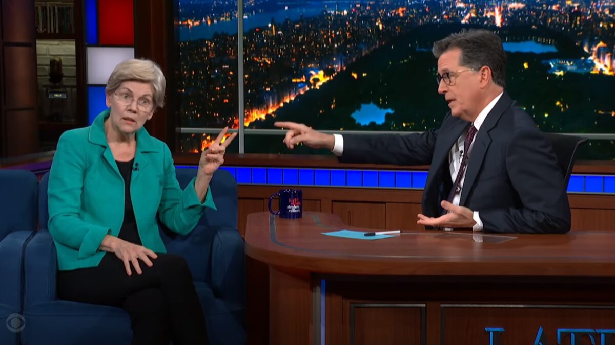Elizabeth Warren and Stephen Colbert on The Late Show