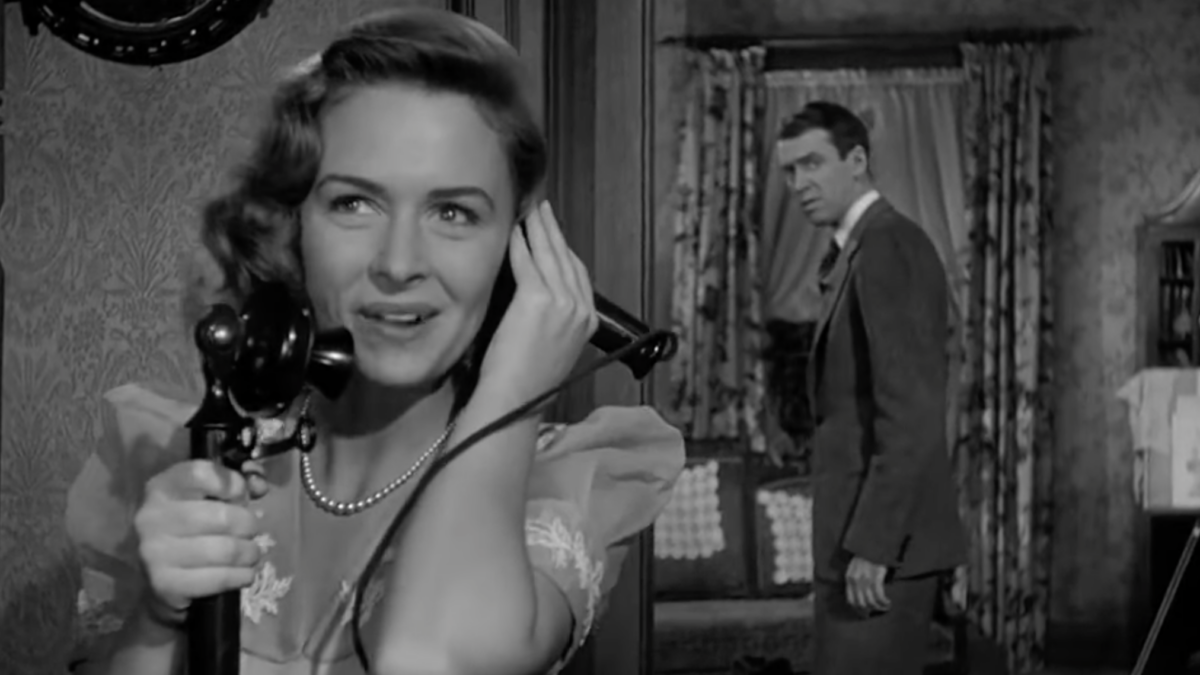 Mary Bailey in It's a Wonderful Life -- black and white movie still of actress talking on rotary telephone