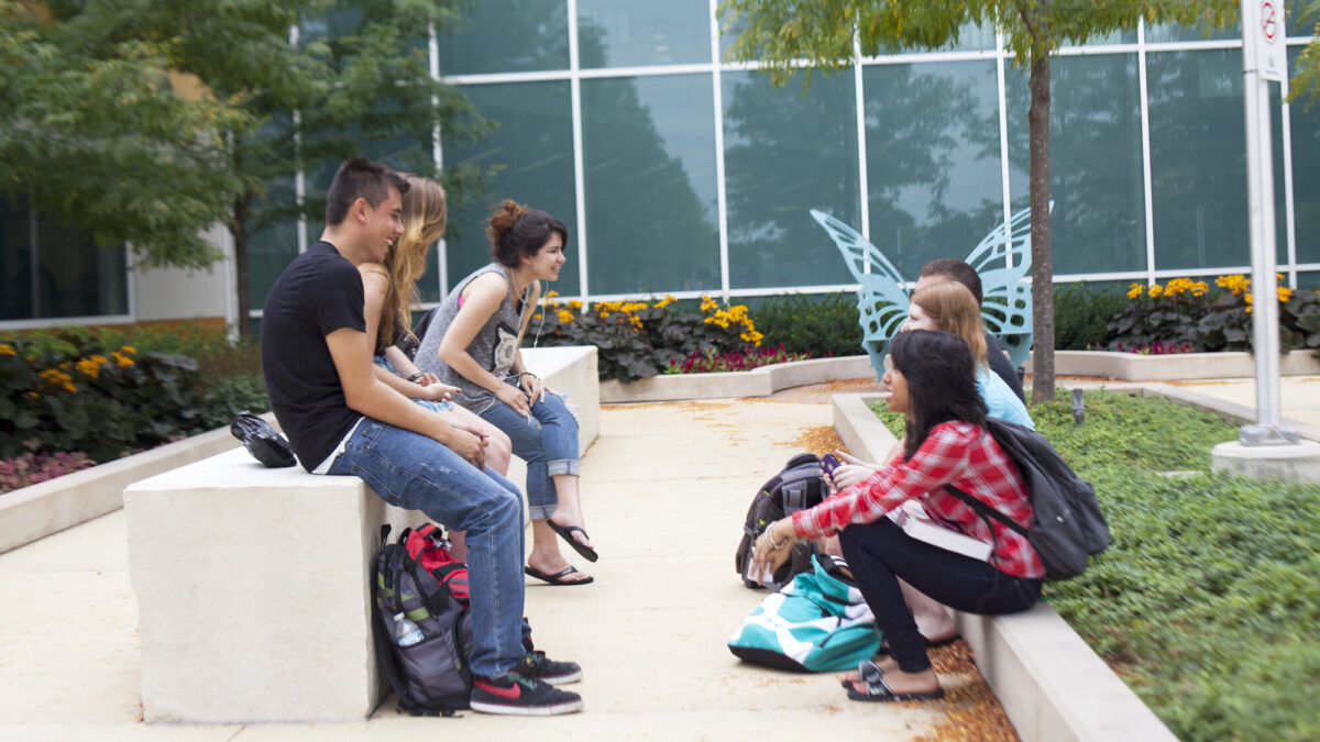 students sitting around outside on campus