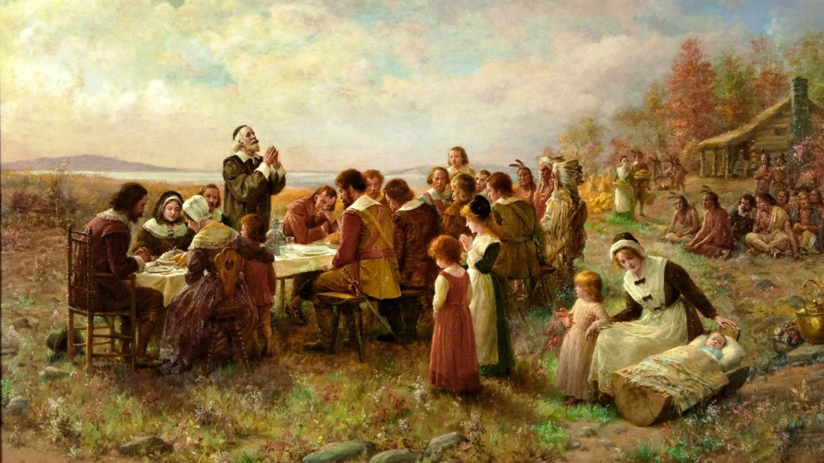vintage oil painting of pilgrims celebrating thanksgiving