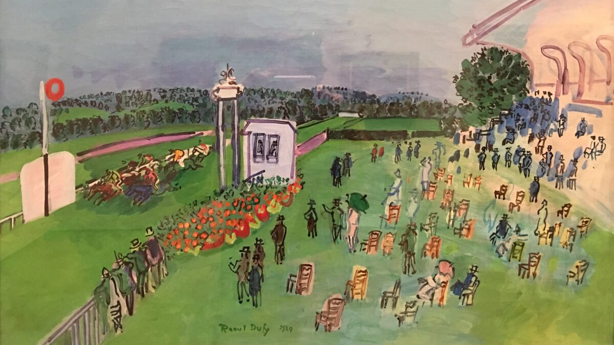 Colorful drawing of Race Track at Deauville, the start. 1929
