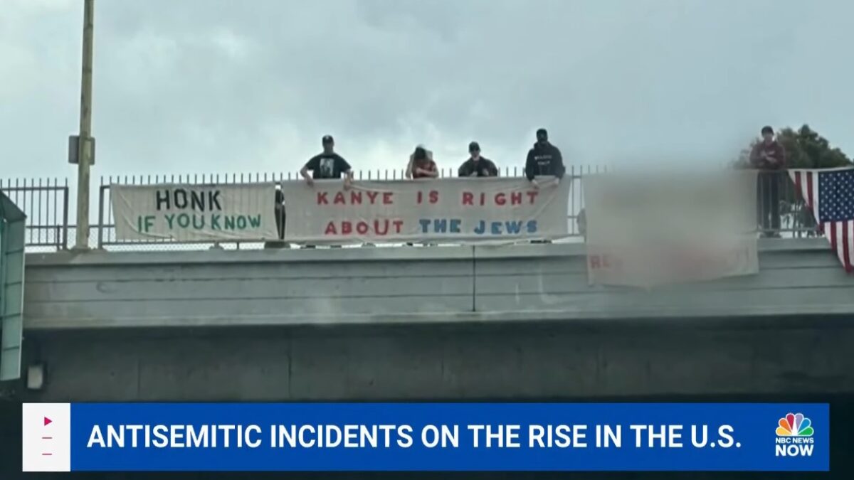 Antisemitism on the rise in the U.S. newscast. People holding antisemitic signs off a bridge