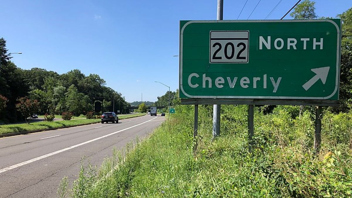 An exit sign for Cheverly, Maryland, on the roadside