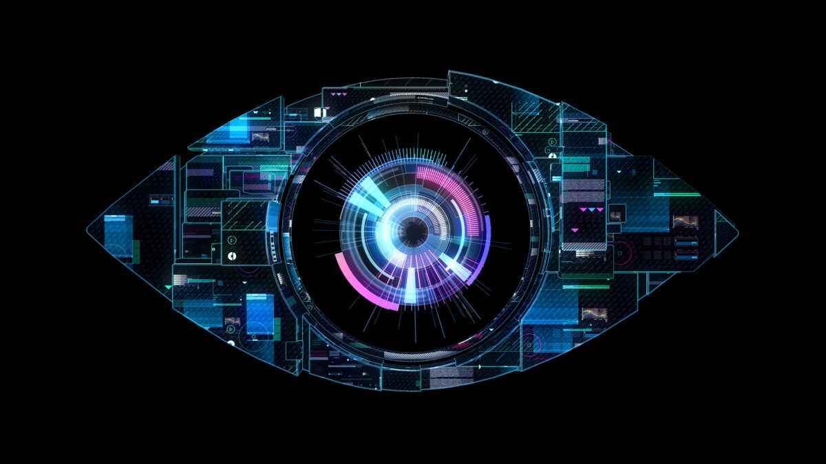 illustration of digital lenses and computer chips in the shape of an eyeball on a black background