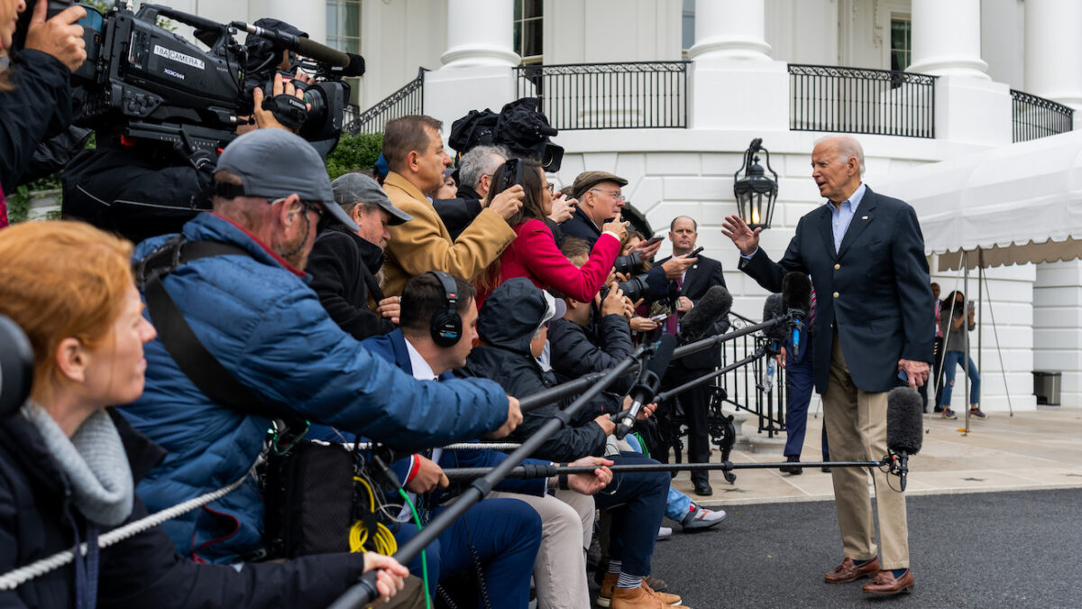 media press pool asking Joe Biden questions outside the White House