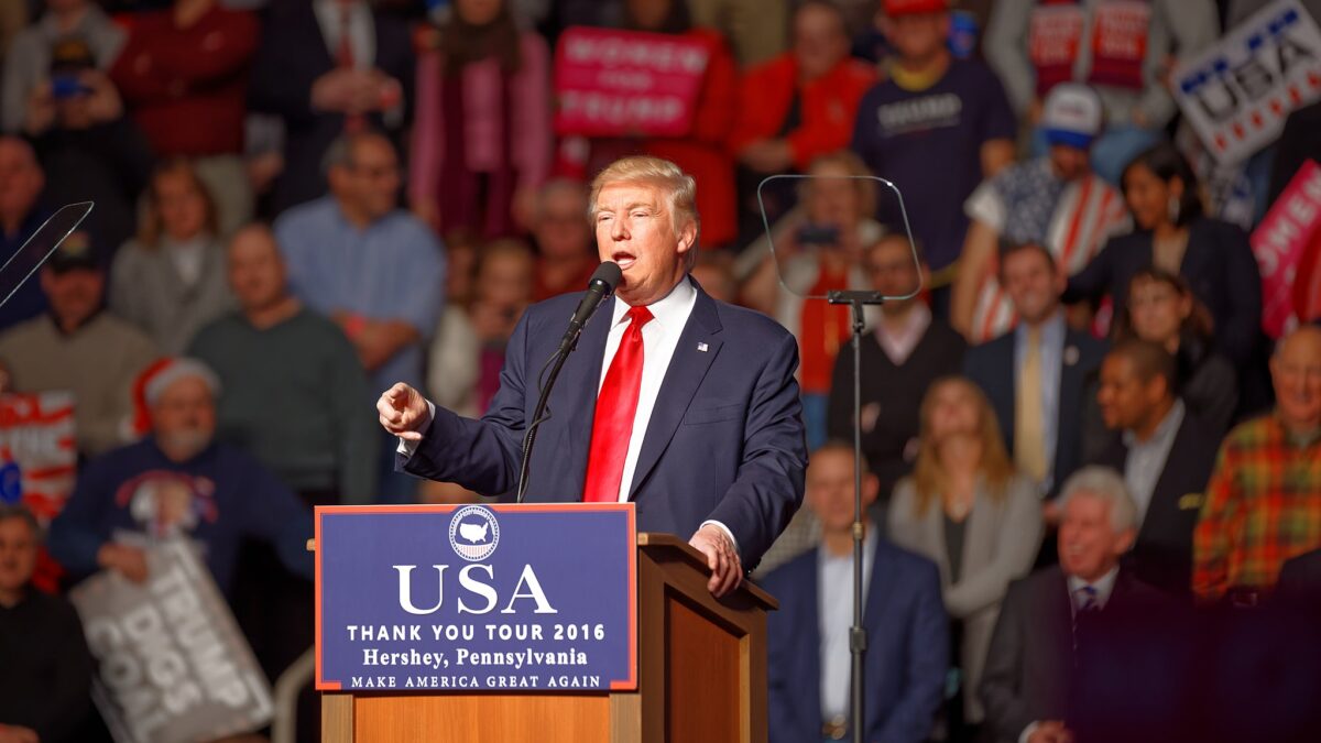 Donald Trump speaking in front of a PA Crowd