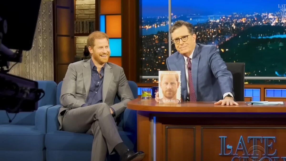 Prince Harry promoting his memoir on Stephen Colbert